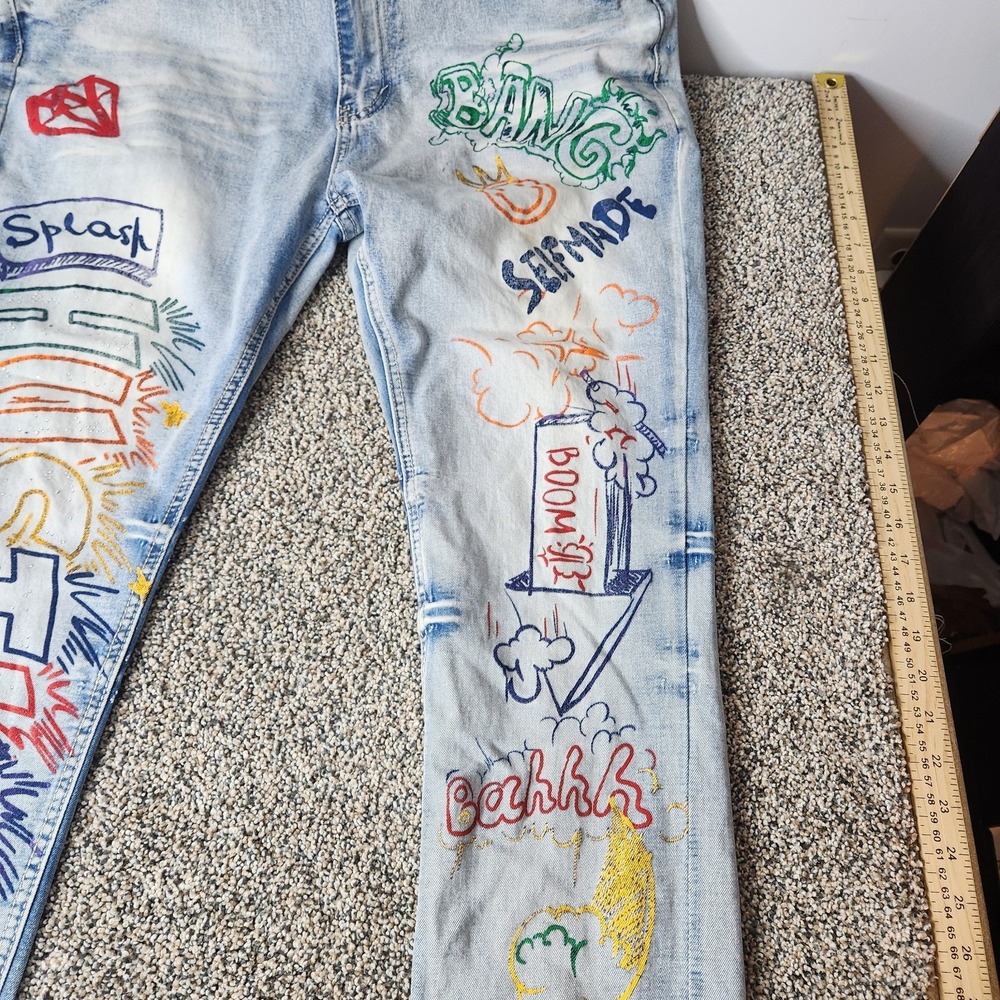Switch Remarkable Jeans Mens *38x30‎ Slim Taper Fit Graffiti Streetwear Y2k - Picture 2 of 12